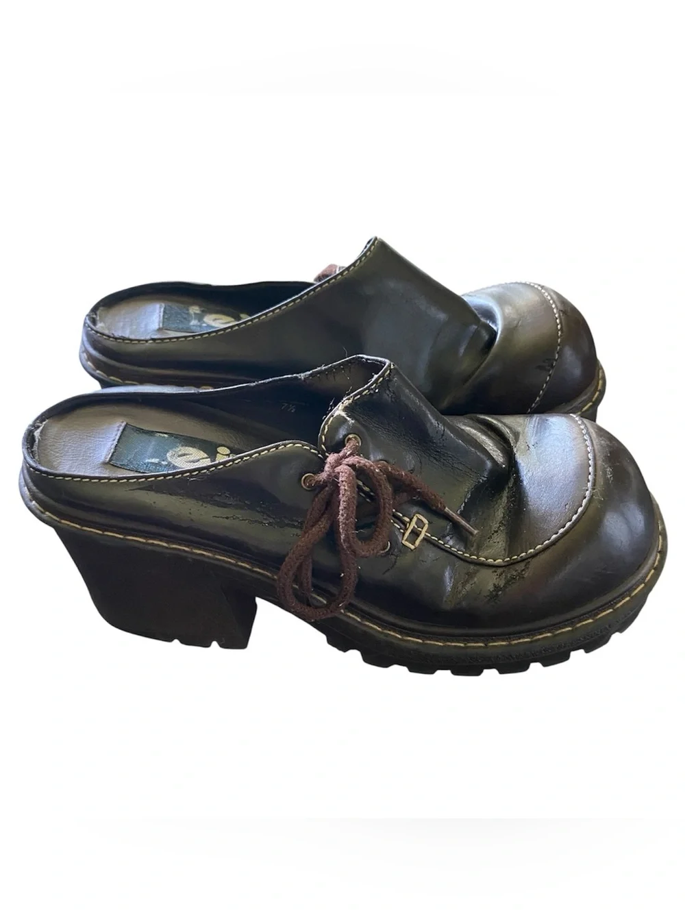 Vintage LEI Y2K Chunky Brown Faux Leather Heel Platform Slip On Mule Shoe Sz 7.5
